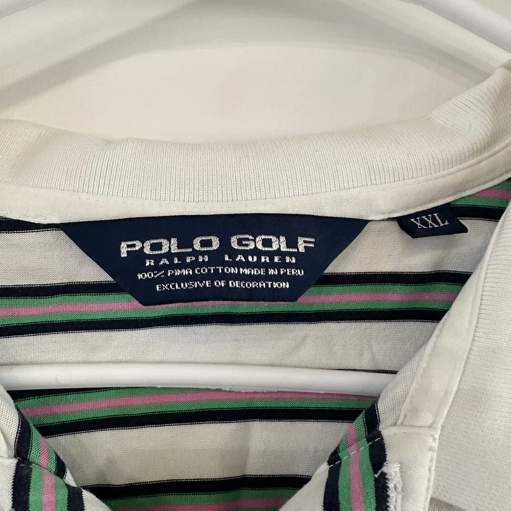 Polo Golf Ralph Lauren Polo Shirt XXL White Green Stripe Cotton Peru YGI‎ U3-53